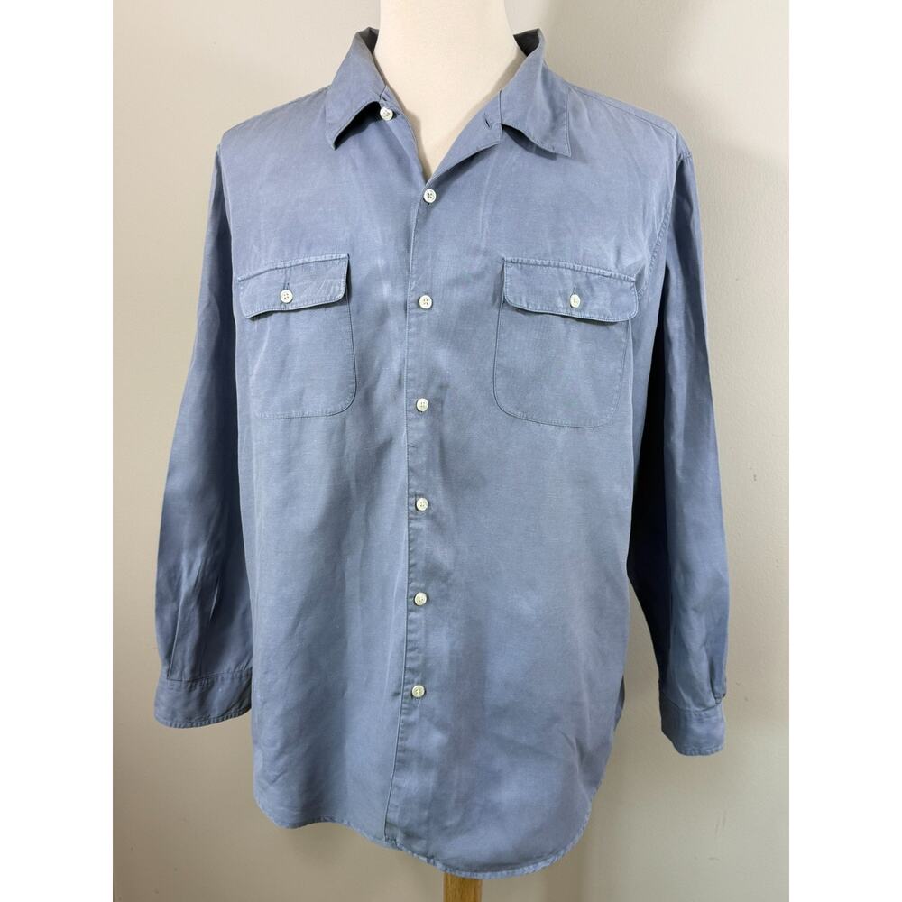 Breakwater Silk Linen Shirt Men's Large Blue Coastal Beachy Old Money Casual